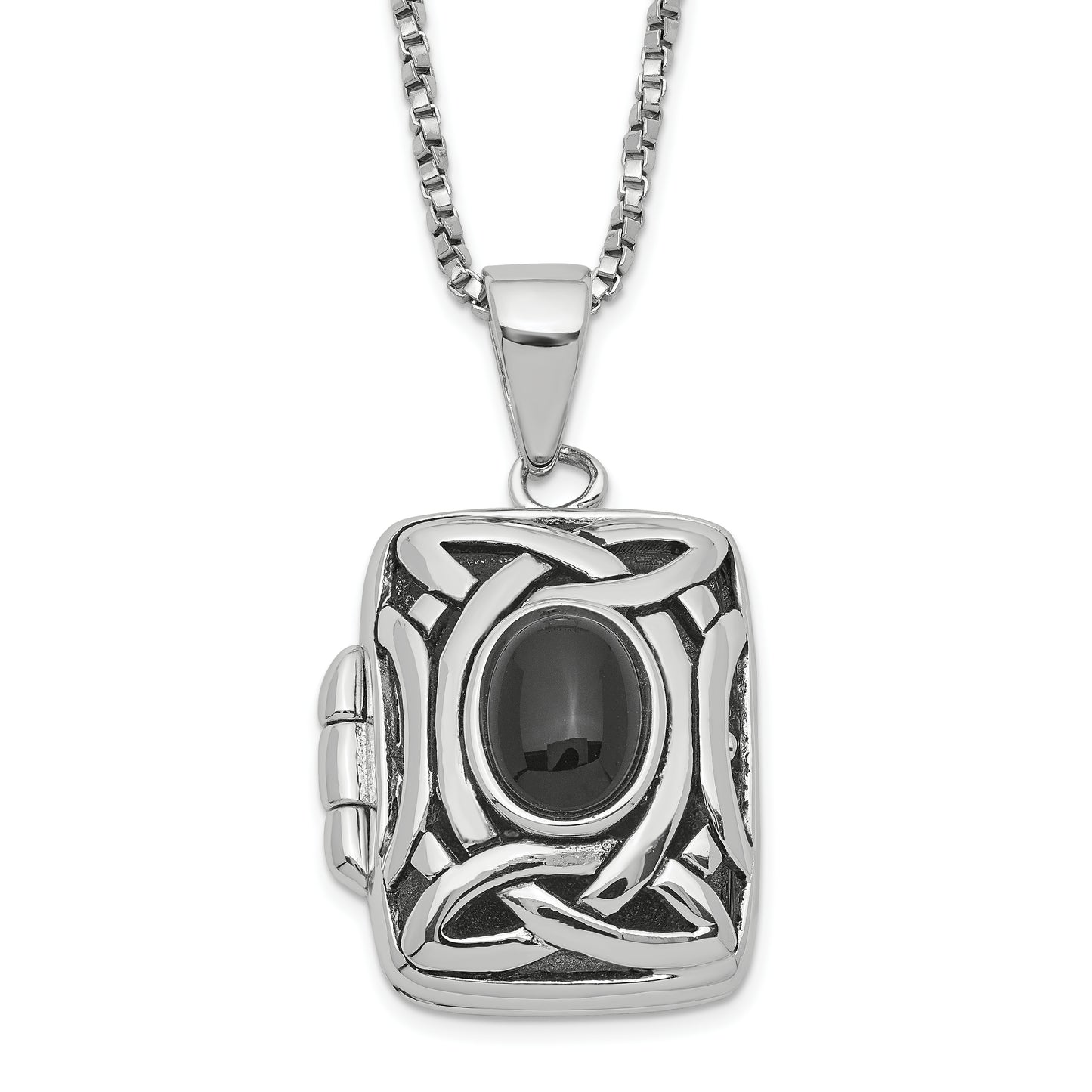 Sterling Silver Rhodium-Plated Oval Onyx Rectangle 22mm Locket 18 Inch Necklace