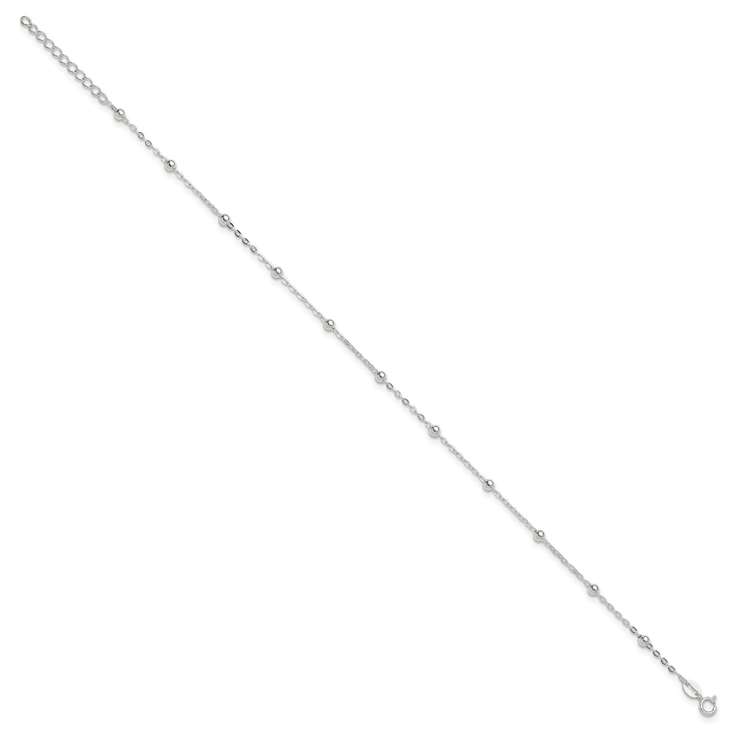 9 Inch Sterling Silver 1mm Beaded Chain 9In Plus 1In Ext. Anklet