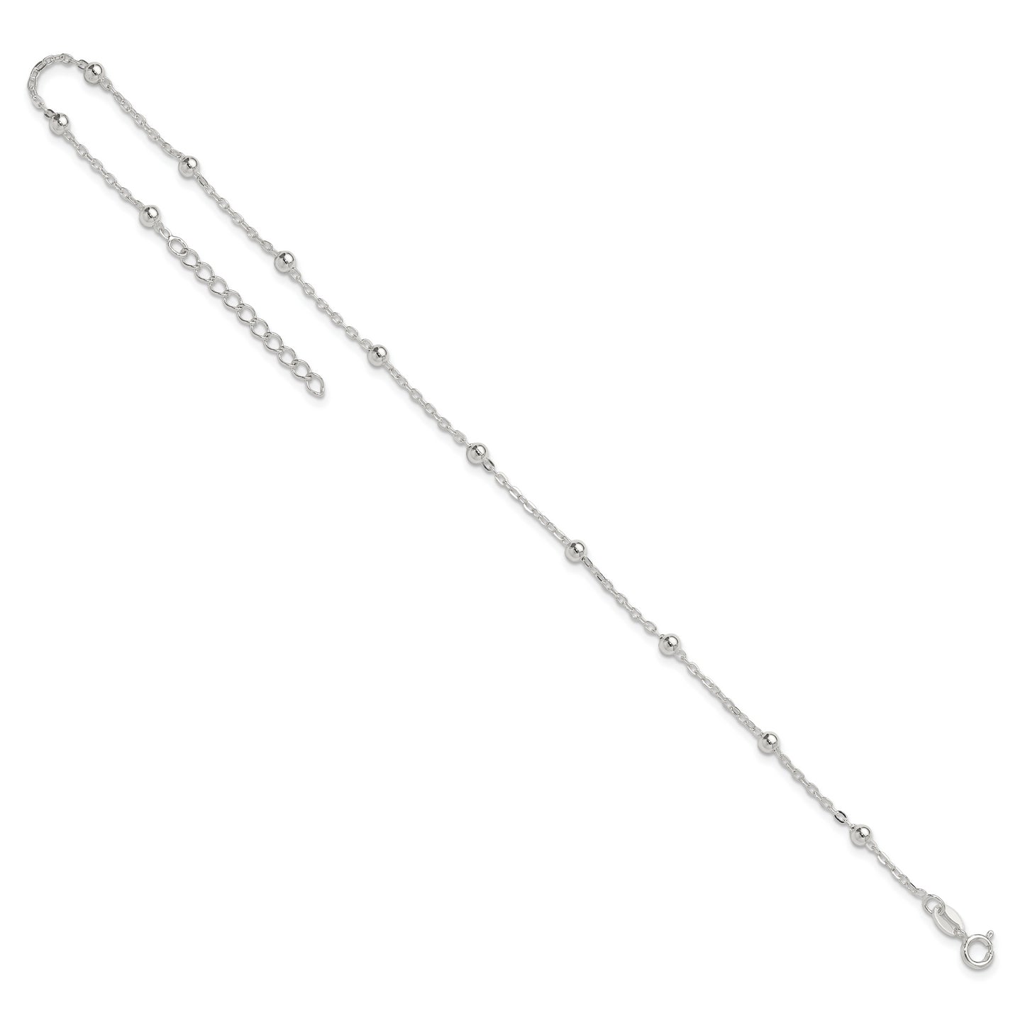 9 Inch Sterling Silver 1mm Beaded Chain 9In Plus 1In Ext. Anklet