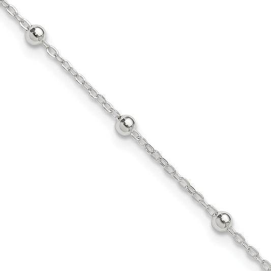 9 Inch Sterling Silver 1mm Beaded Chain 9In Plus 1In Ext. Anklet