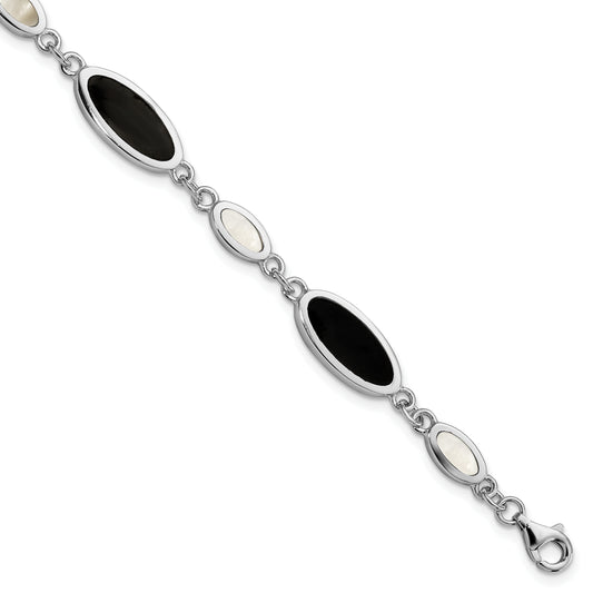 7 Inch Sterling Silver Rhodium-Plated Onyx And Mother Of Pearl Bracelet