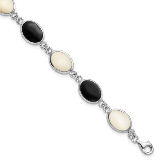 7 Inch Sterling Silver Rhodium-Plated Onyx And Mother Of Pearl Bracelet