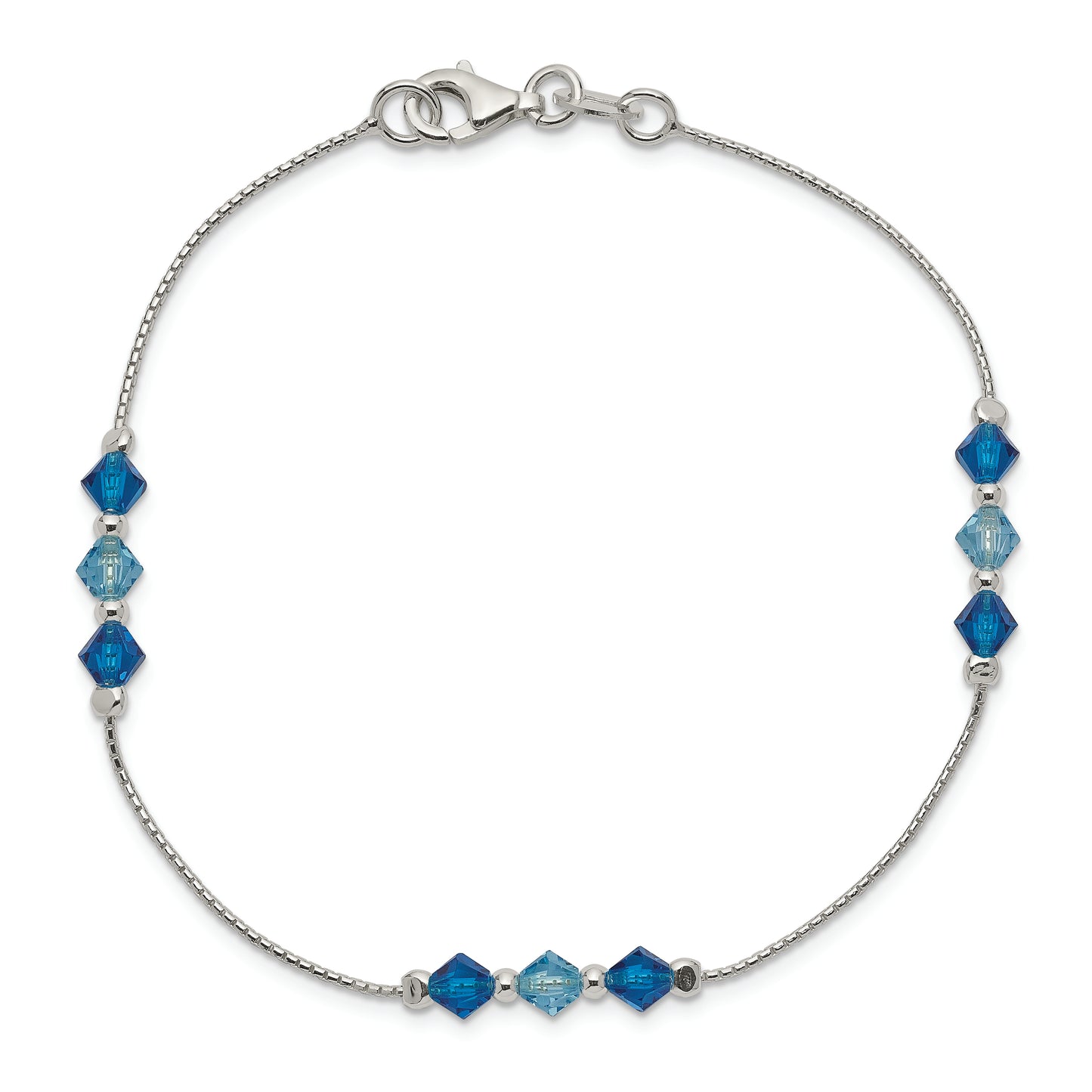 7.5 Inch Sterling Silver Polished Aquamarine Capri Blue Glass Bead Bracelet