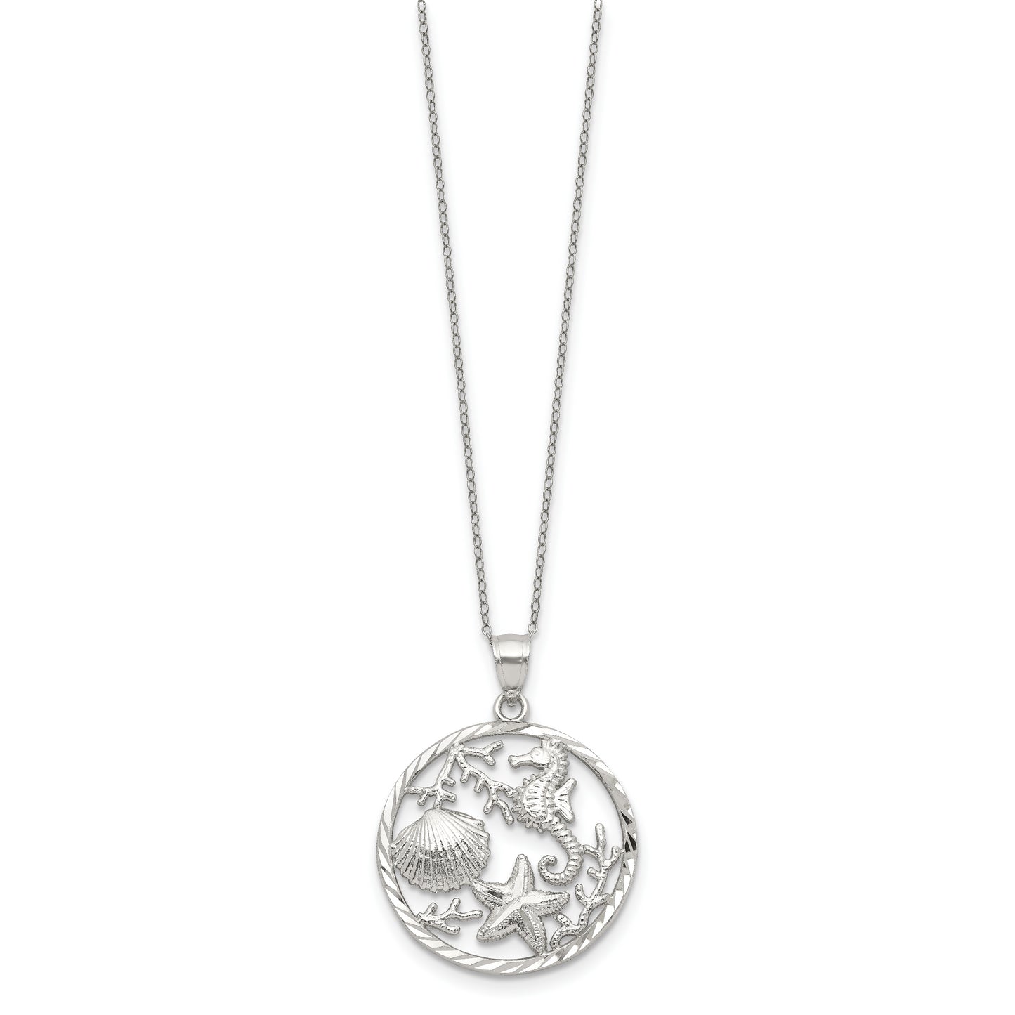 Sterling Silver Rhodium-Plated Seahorse, Starfish And Shell Pendant