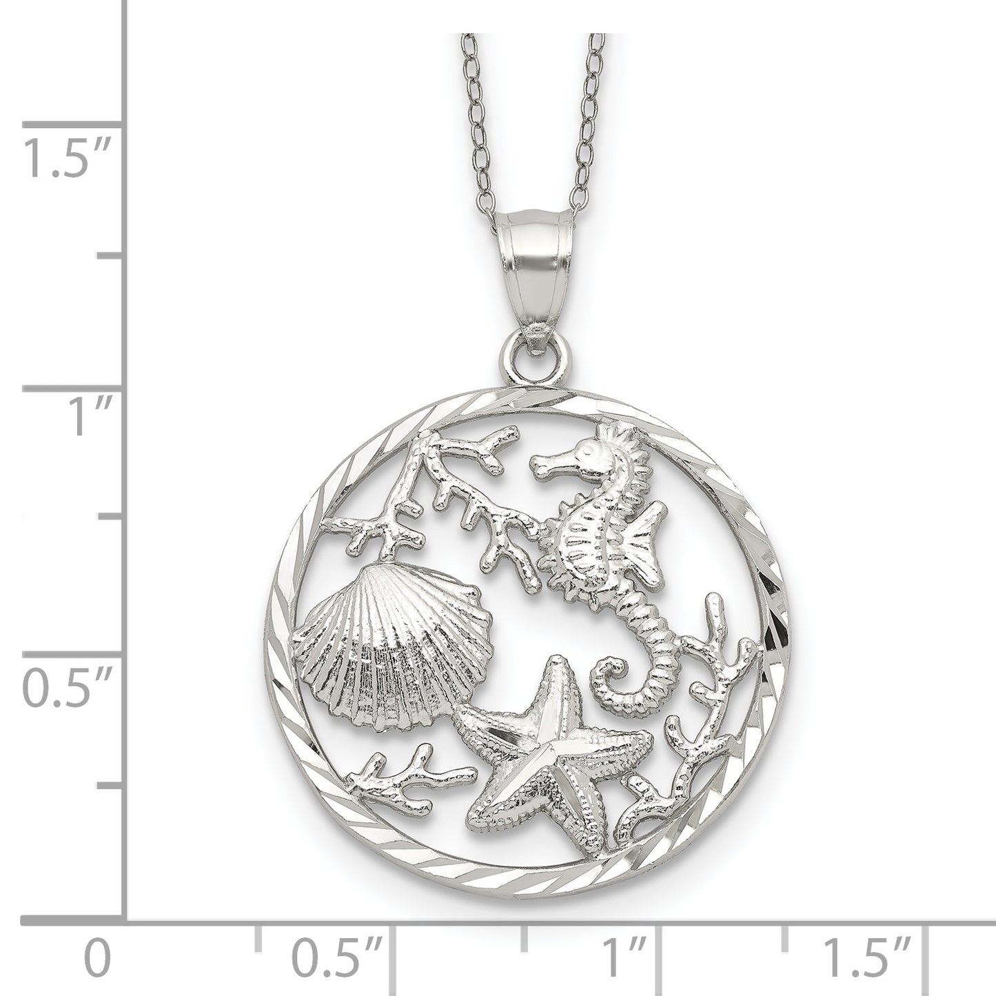 Sterling Silver Rhodium-Plated Seahorse, Starfish And Shell Pendant