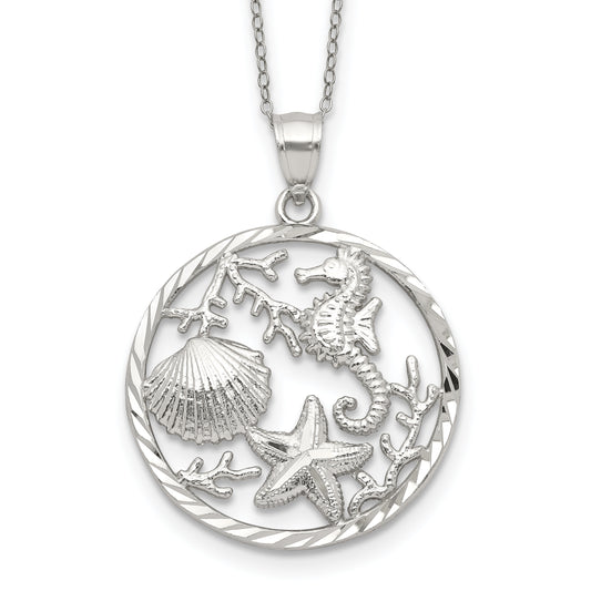 Sterling Silver Rhodium-Plated Seahorse, Starfish And Shell Pendant