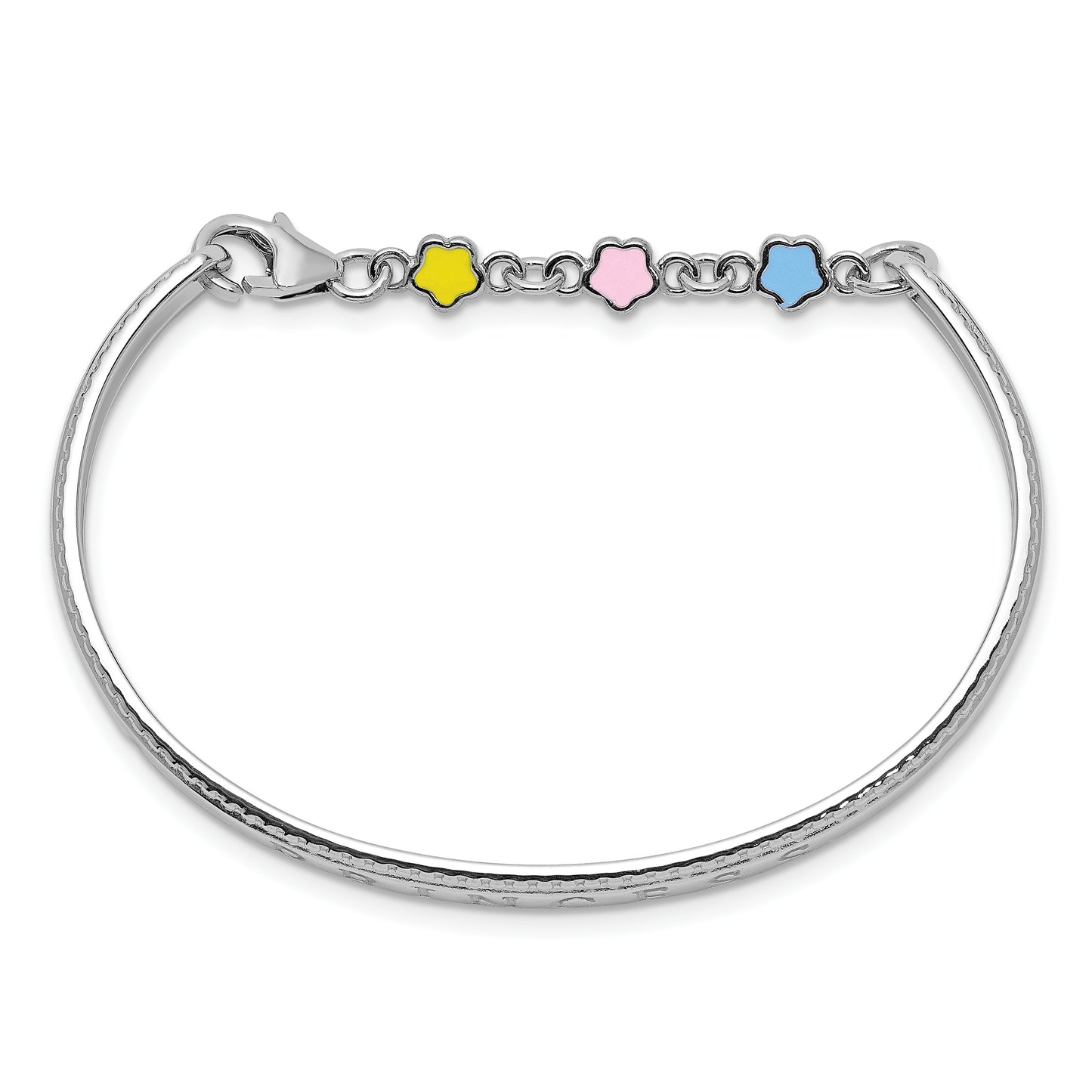 4.9 Inch Sterling Silver Rhodium-Plated Polished & Beaded Multi-Color Enameled Flowers Hearts Princess With Chain Baby Bangle