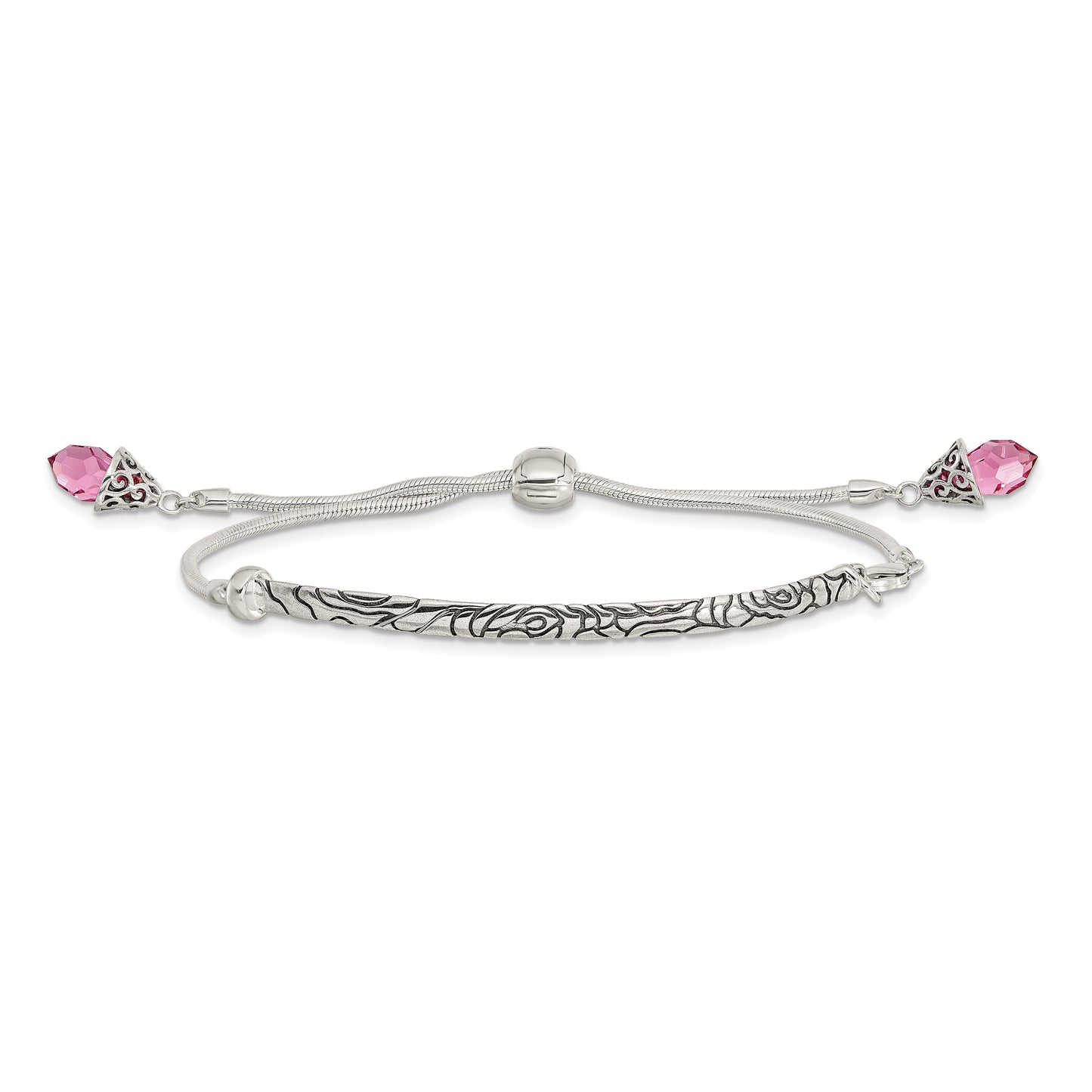 Sterling Silver Antiqued Pink Crystal Briolette Adjustable Bracelet