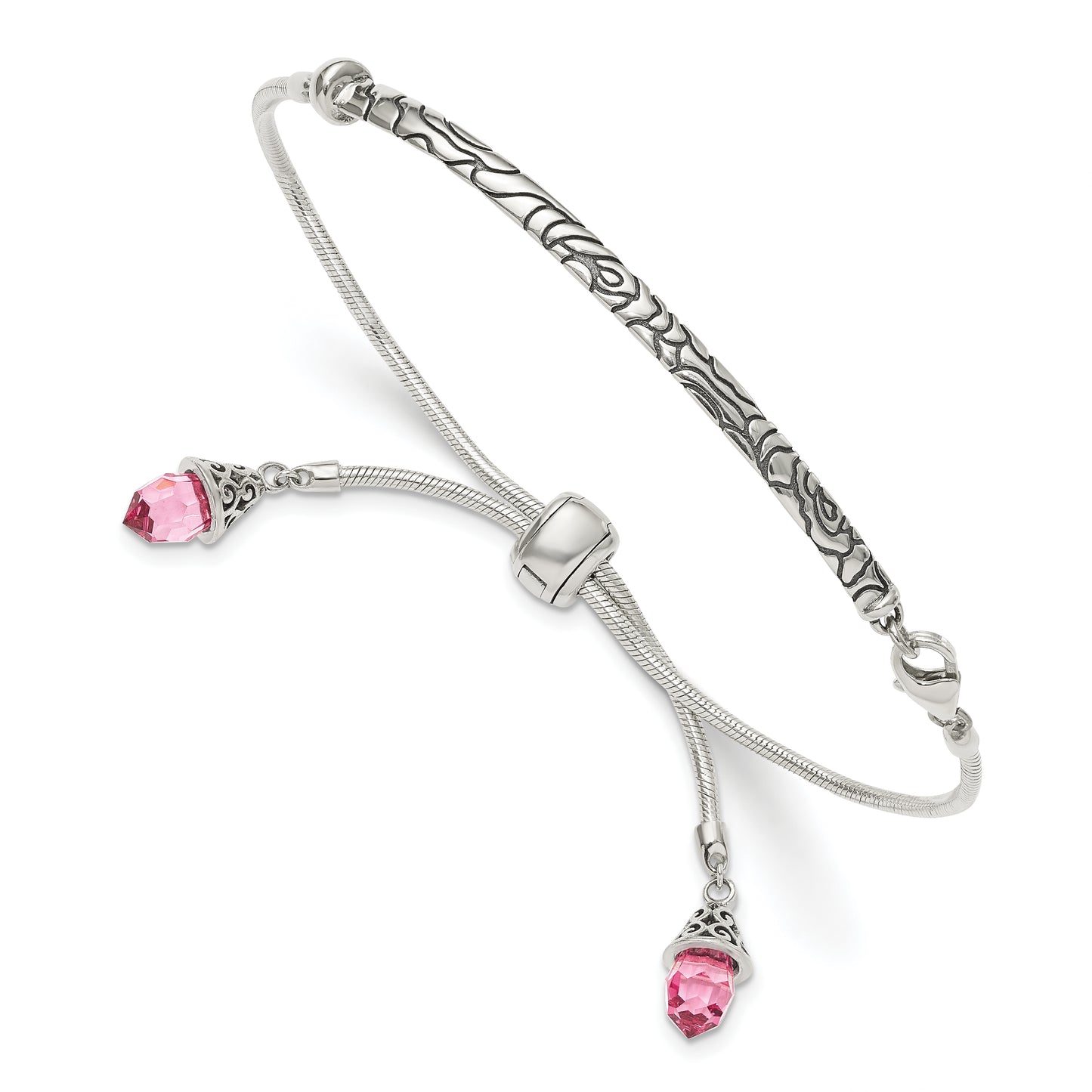 Sterling Silver Antiqued Pink Crystal Briolette Adjustable Bracelet