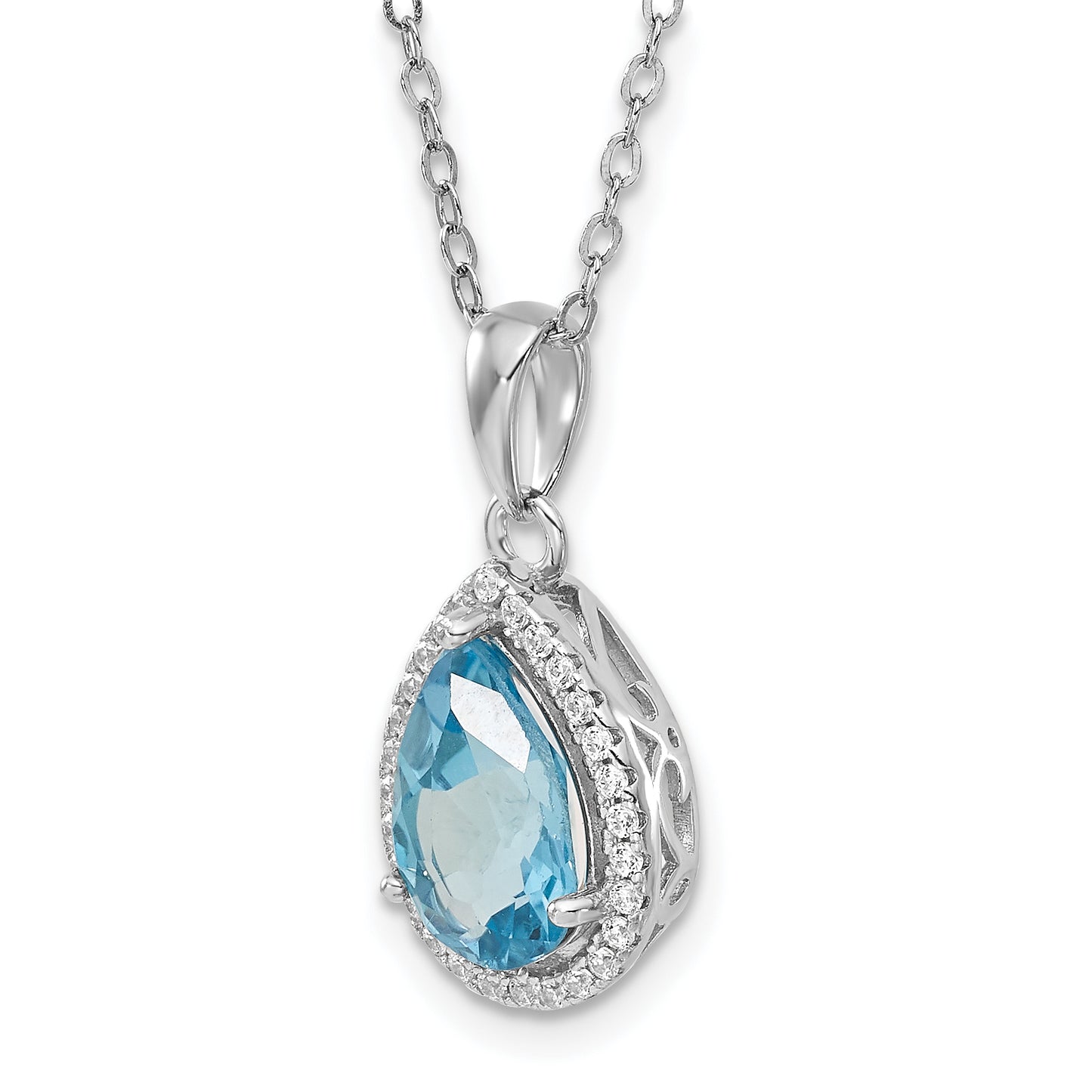 Sterling Silver Rhodium Polished Blue Topaz & Cz Necklace