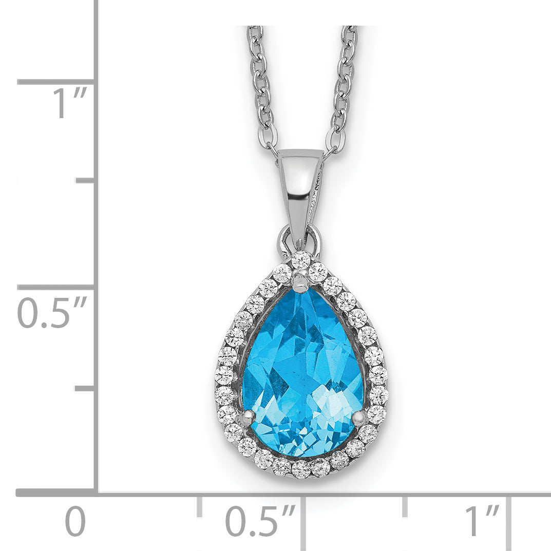 Sterling Silver Rhodium Polished Blue Topaz & Cz Necklace