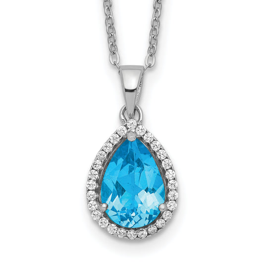 Sterling Silver Rhodium Polished Blue Topaz & Cz Necklace