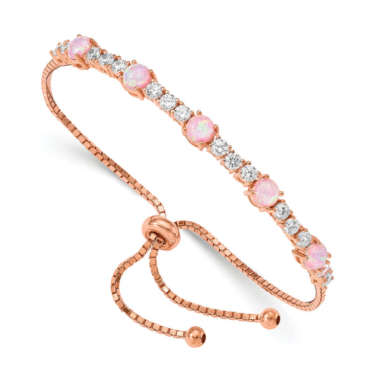 Sterling Silver Rose-Tone Created Opal And Cz Adjustable Bracelet