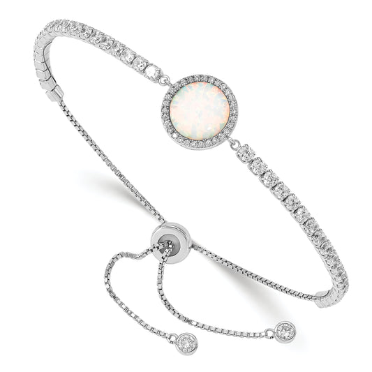 Sterling Silver Rh-Plated Created Opal And Cz Adjustable Bracelet