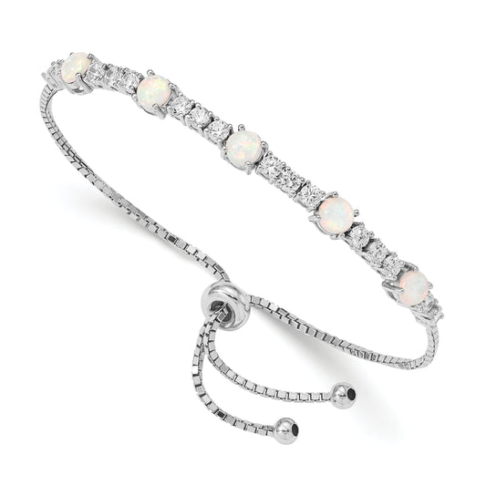 Sterling Silver Rh-Plated Created Opal And Cz Adjustable Bracelet