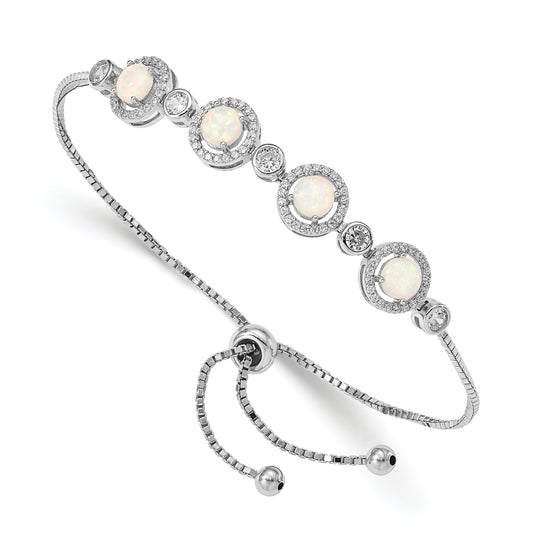 Sterling Silver Rh-Plated Created Opal And Cz Adjustable Bracelet