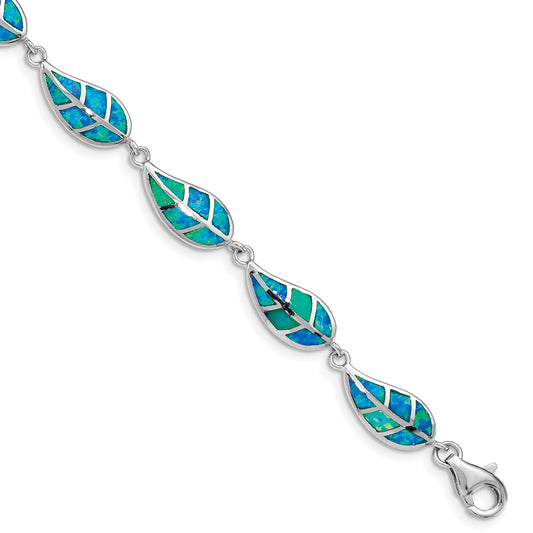 7.5 Inch Sterling Silver Rhodium-Plated Lab Created Opal Inlay Leaf Bracelet