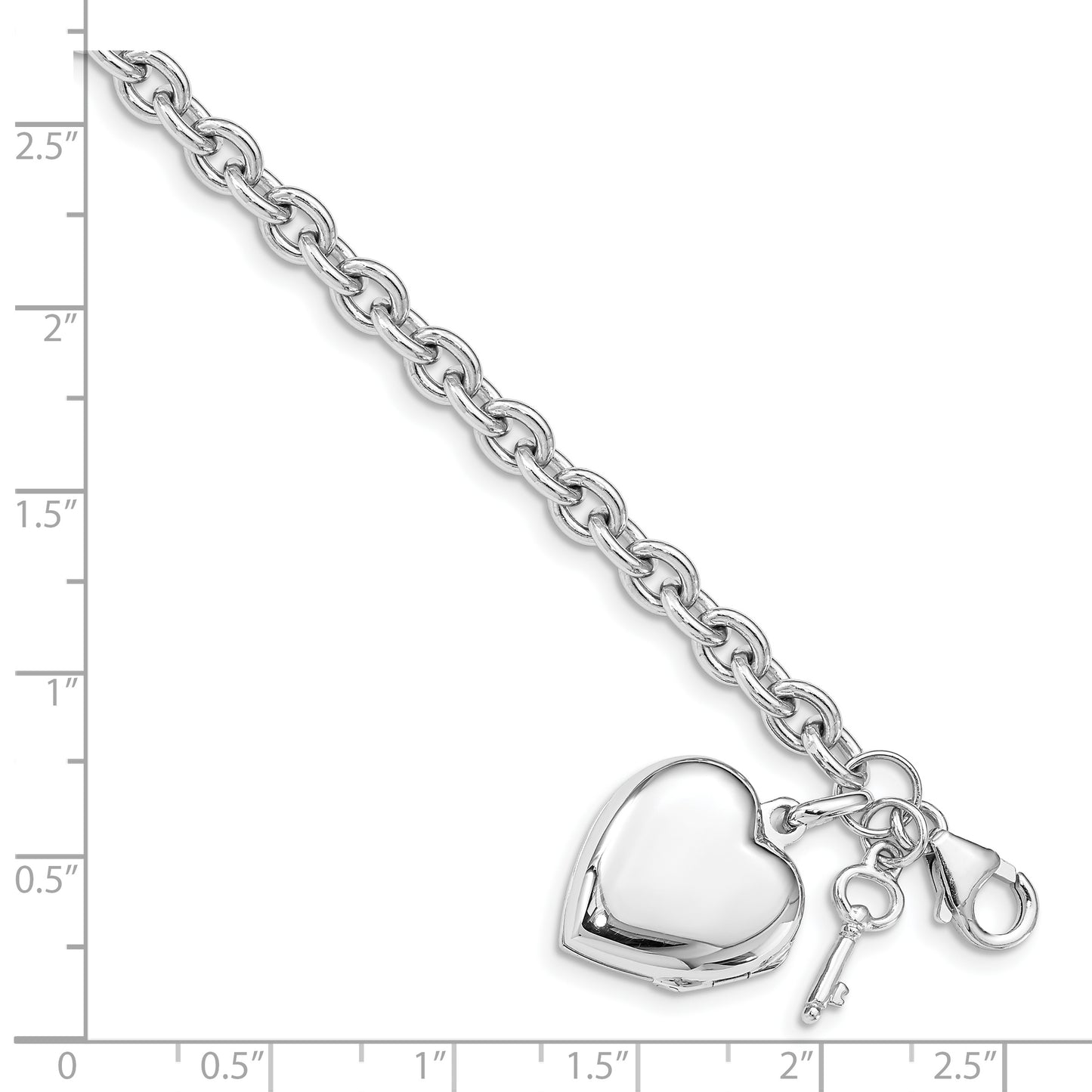 7.25 Inch Sterling Silver Rhodium-Plated Puffed Heart Locket & Key Bracelet