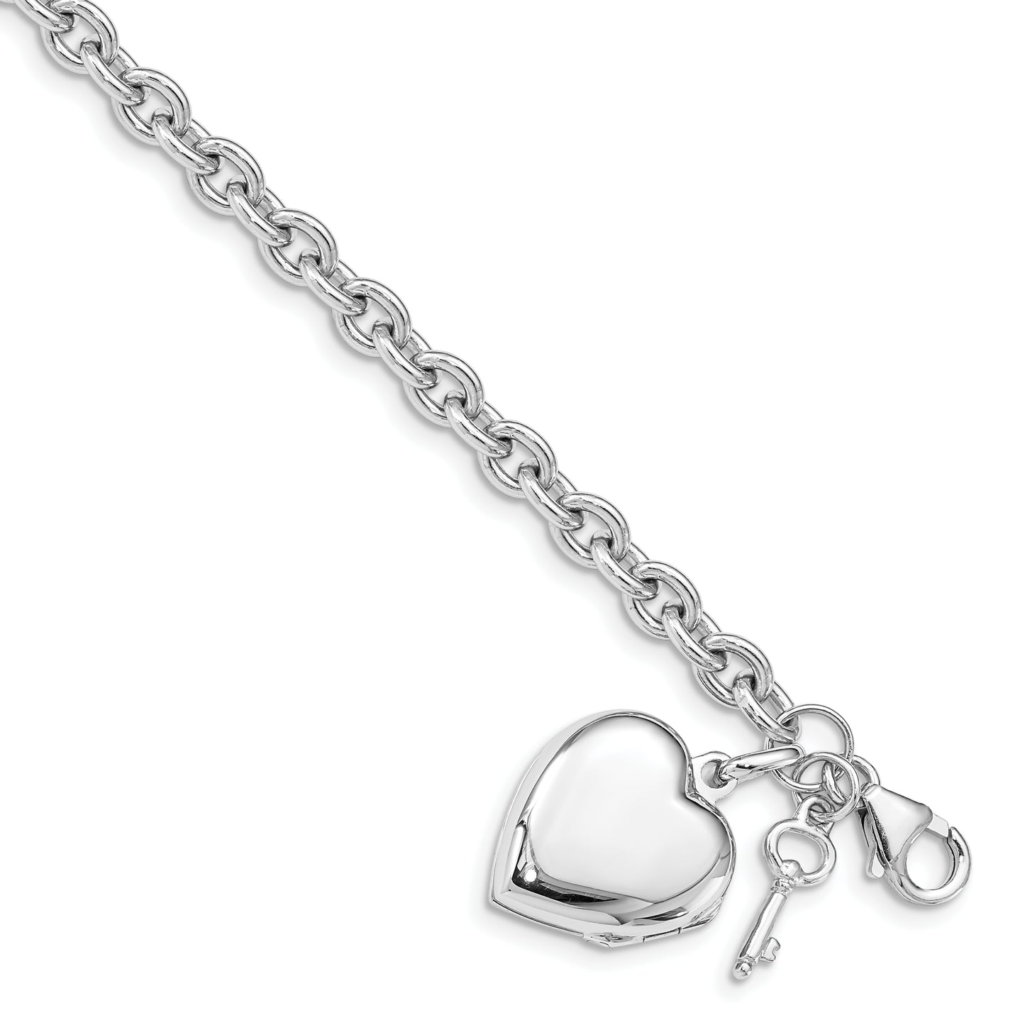 7.25 Inch Sterling Silver Rhodium-Plated Puffed Heart Locket & Key Bracelet