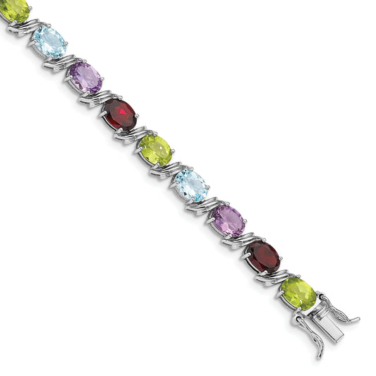 7.5 Inch Sterling Silver Rhodium-Plated Oval Multi-Gemstone Bracelet