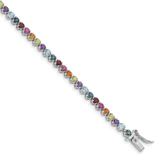 7.5 Inch Sterling Silver Rhodium-Plated Multi-Gemstone Tennis Bracelet