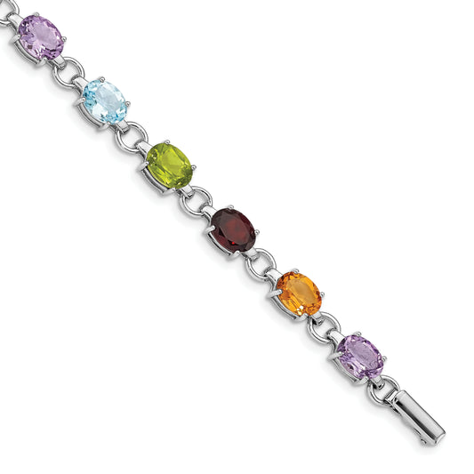 7.25 Inch Sterling Silver Rhodium-Plated Oval Multi-Gemstone Bracelet