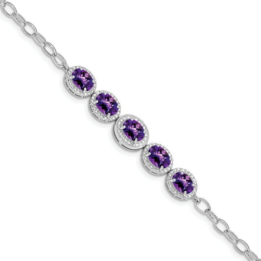 8 Inch Sterling Silver Rhod-Plat Amethyst Bracelet