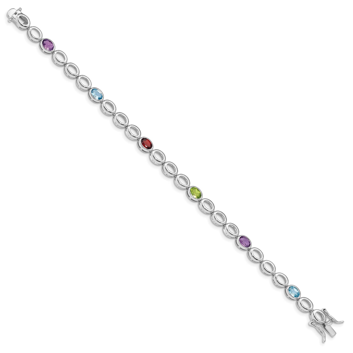 7.5 Inch Sterling Silver Rhod-Plat Amethyst Blue Topaz Garnet Peridot Bracelet