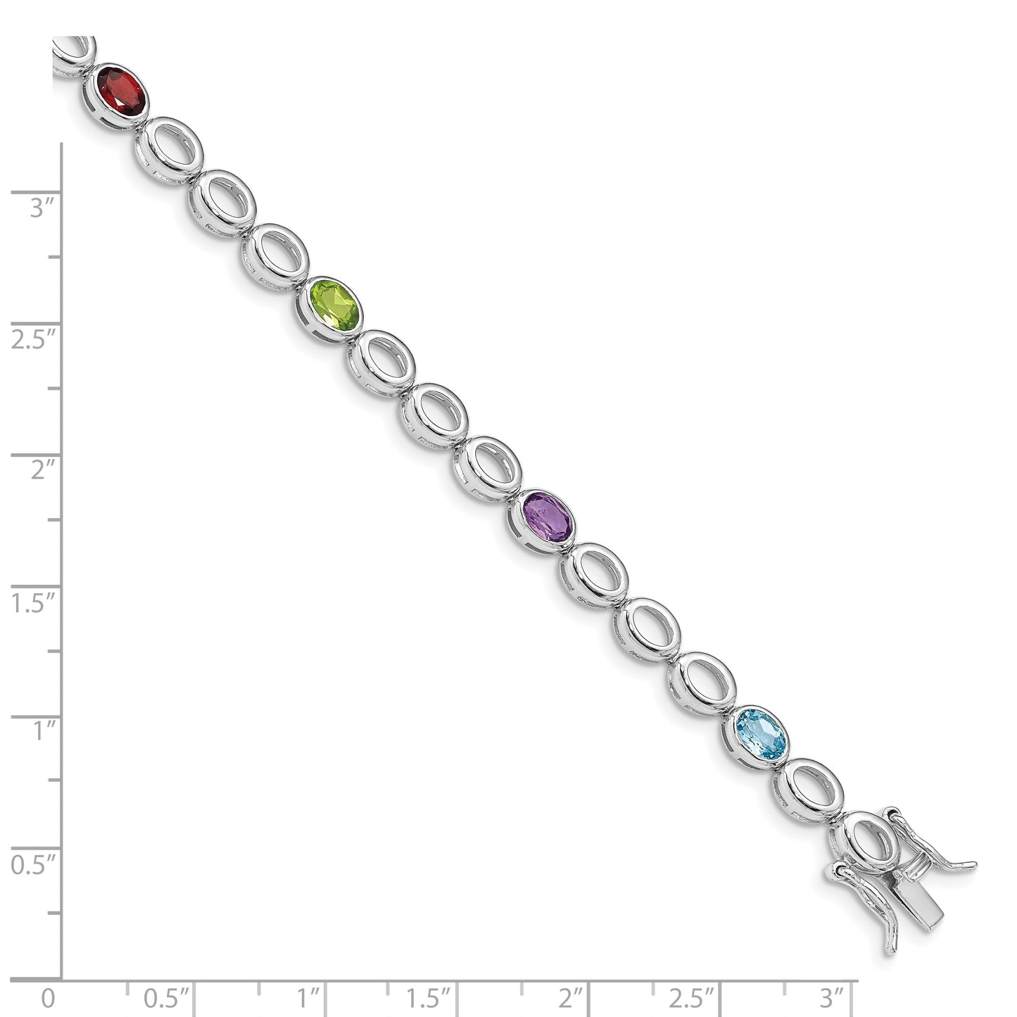 7.5 Inch Sterling Silver Rhod-Plat Amethyst Blue Topaz Garnet Peridot Bracelet