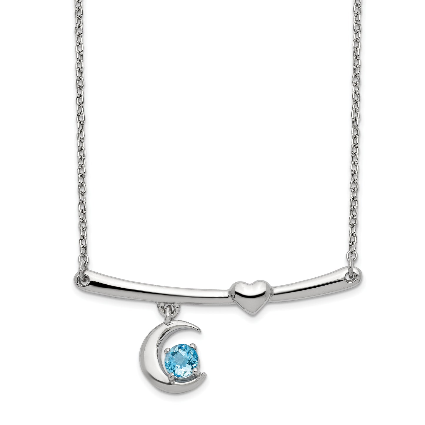 Sterling Silver Rhod-Plat Swiss Blue Topaz Moon W/2.25In Ext Necklace