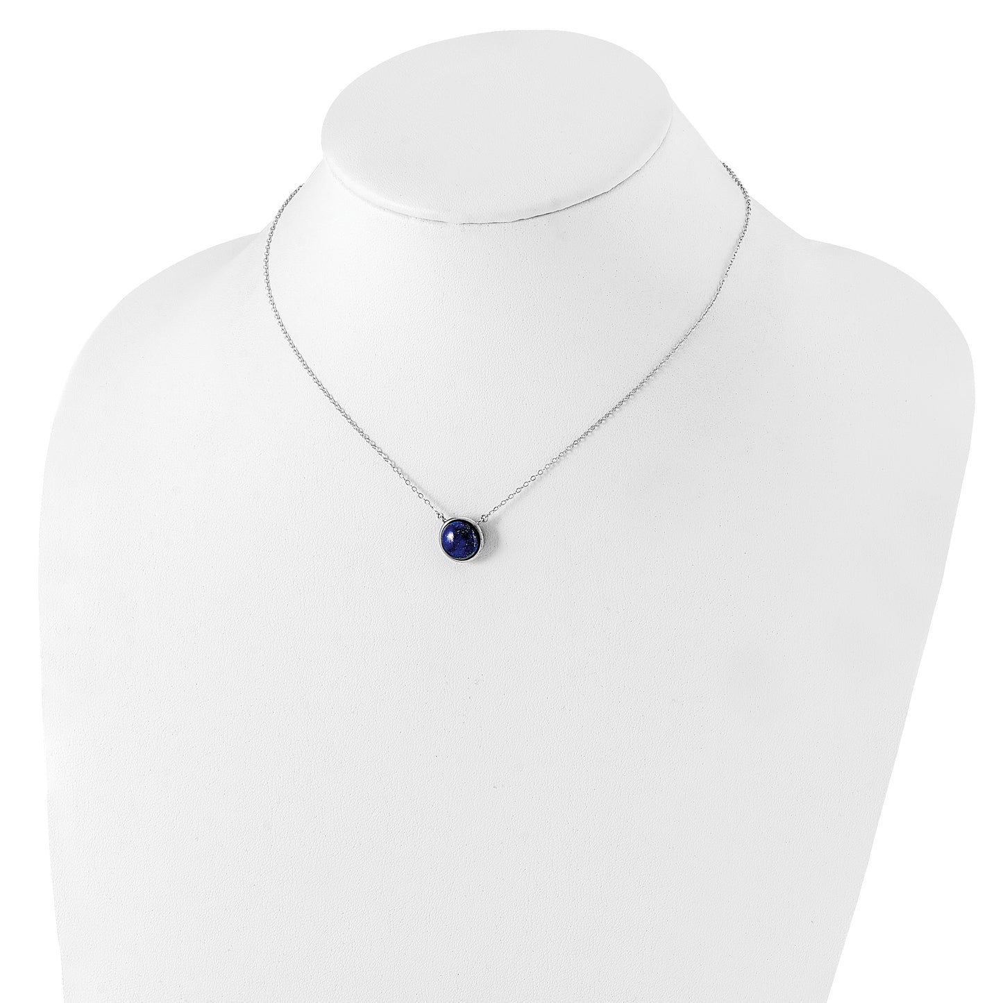 Sterling Silver Rhodium-Plated Round Lapis Cabochon Necklace