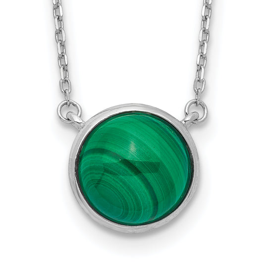 Sterling Silver Rhodium-Plated Round Malachite Cabochon Necklace