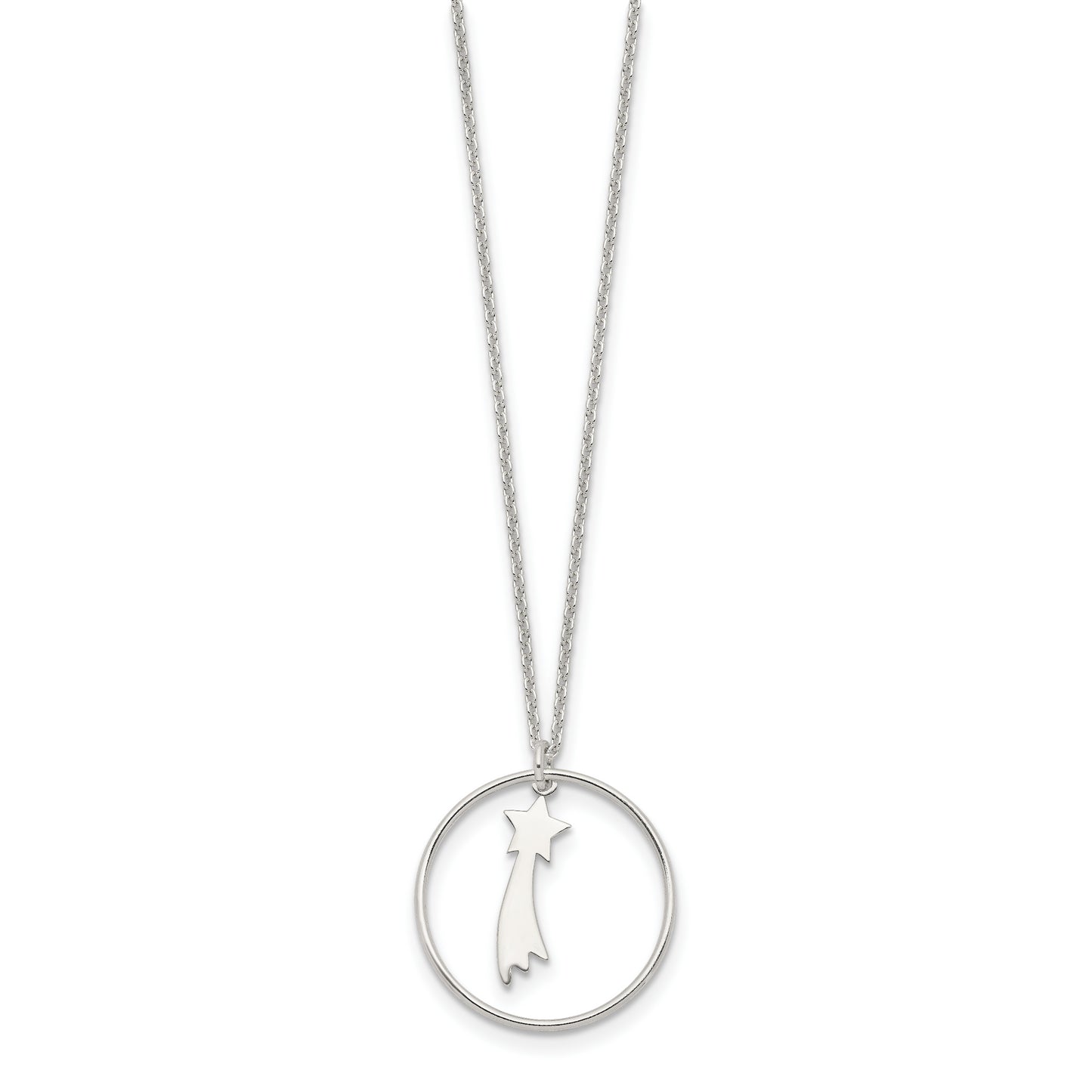 Sterling Silver Polished Shooting Star Circle Pendant Necklace