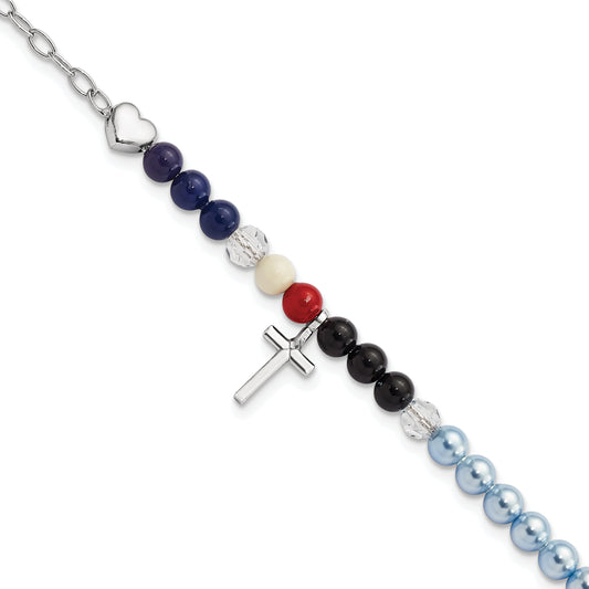 8 Inch Amen Sterling Silver Jesus' Story Multi Glass Pearl Onyx Agate Crystals Cross 6 Fancy Lobster Clasp Bracelet With 2 Extender