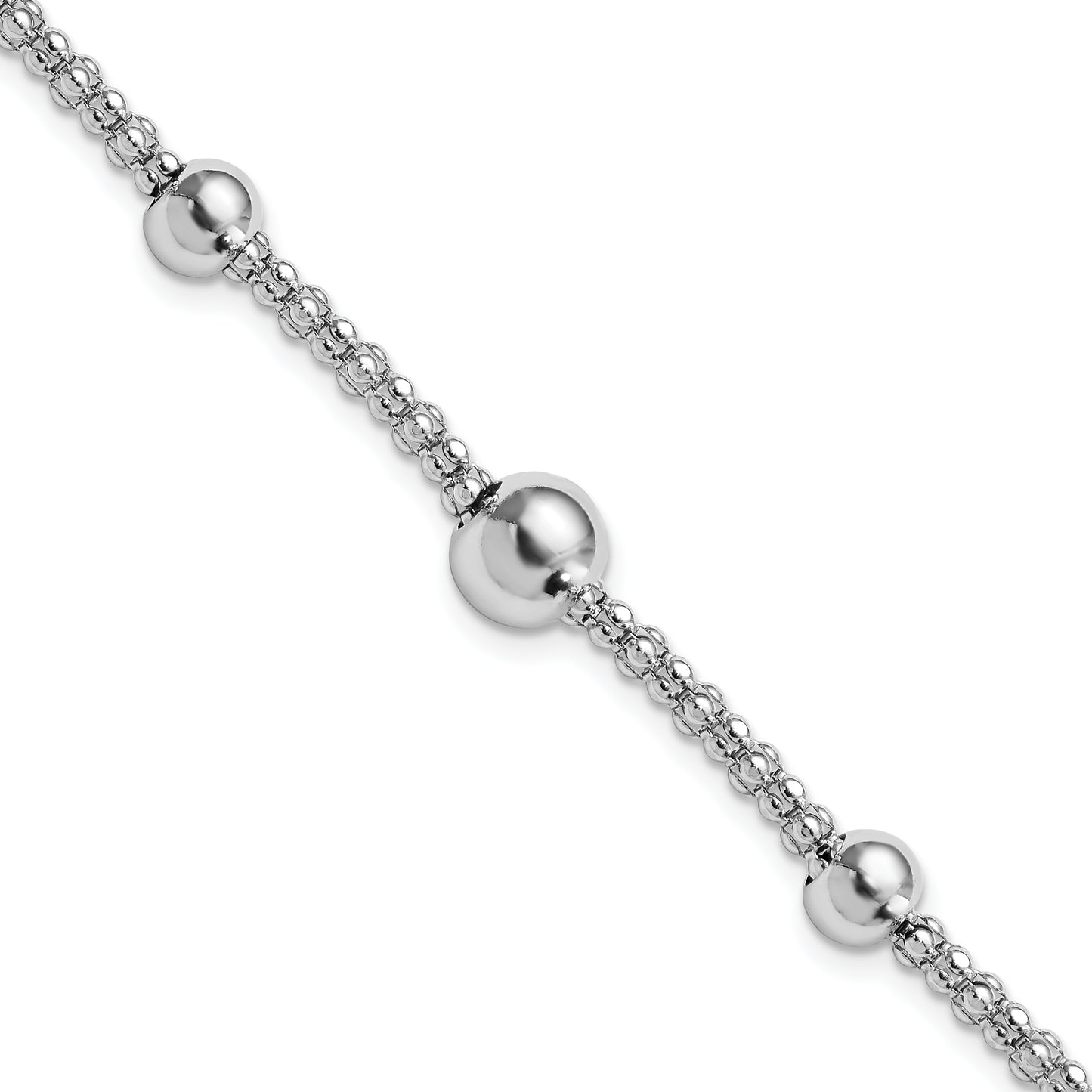 8 Inch Sterling Silver Rhodium-Plated Beaded Popcorn Chain W/1In Ext Bracelet