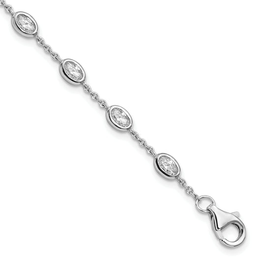 6.5 Inch Sterling Silver Rhodium-Plated Oval Cz W/1In Ext 11 Station Bracelet