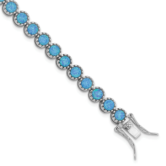 7 Inch Sterling Silver Rhodium-Plated Beaded Blue Created Opal Inlay Bracelet