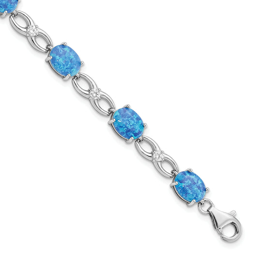 7.25 Inch Sterling Silver Rhodium-Plated Polished Blue Created Opal & Cz Bracelet