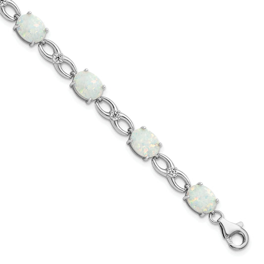 7.25 Inch Sterling Silver Rhodium-Plated Polished White Created Opal & Cz Bracelet