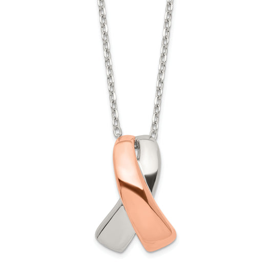 Sterling Silver Rose-Tone Polished Awareness Ribbon W/2In Ext. Necklace