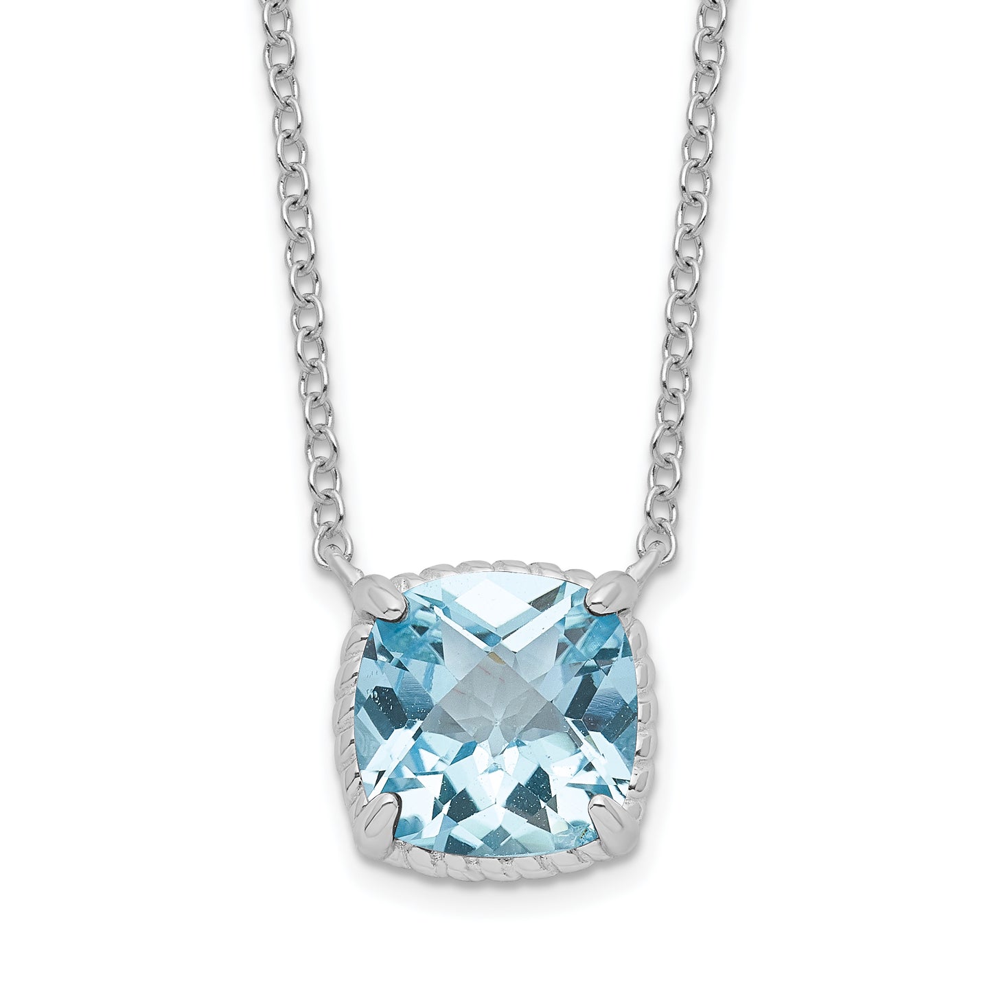 Sterling Silver Rhodium-Plated Square Blue Topaz W/2 In Ext. Necklace