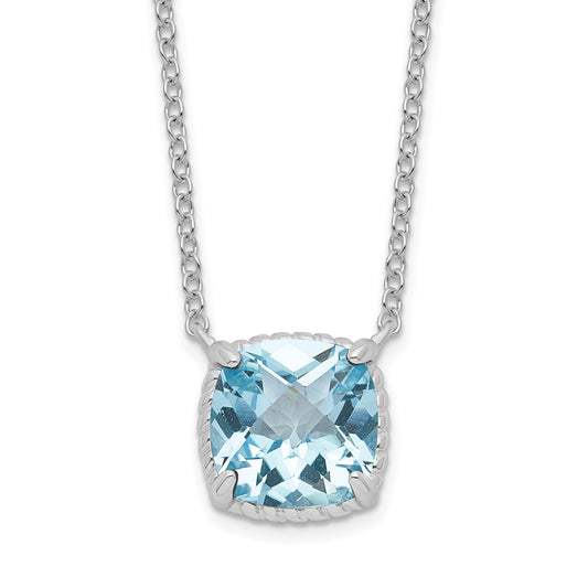 Sterling Silver Rhodium-Plated Square Blue Topaz W/2 In Ext. Necklace