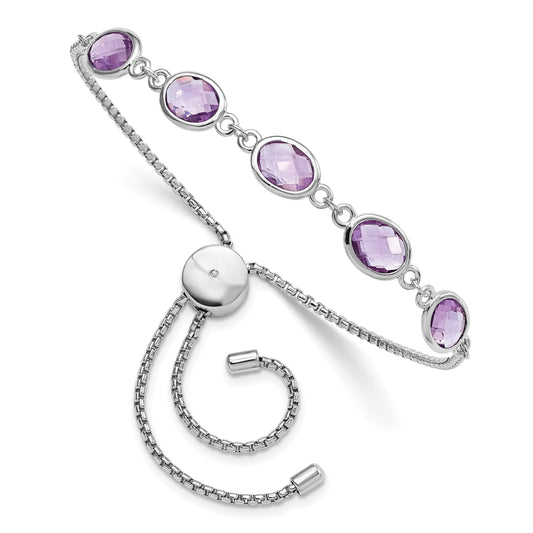 Sterling Silver Sterlingsilver Rhod-Plated Amethyst 7.5Am & Cz Adjustable Bracelet