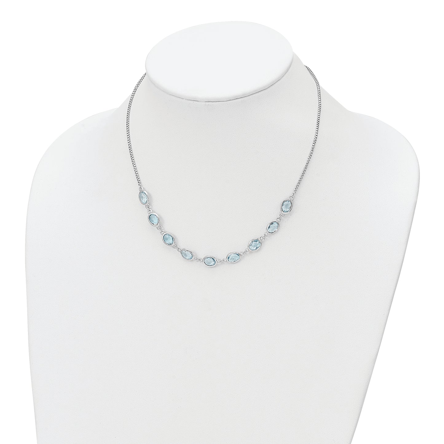 Sterling Silver Rhodium-Plated Polished Blue Topaz W/2 In Ext. Necklace