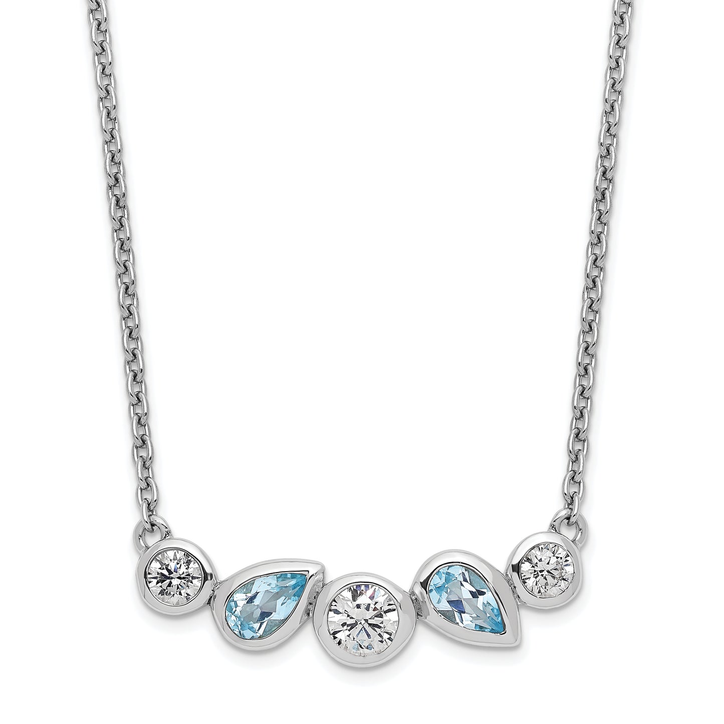 Sterling Silver Rh-Plate Sky Blue Topaz White Cz 16.5In W/1In Ext Necklace