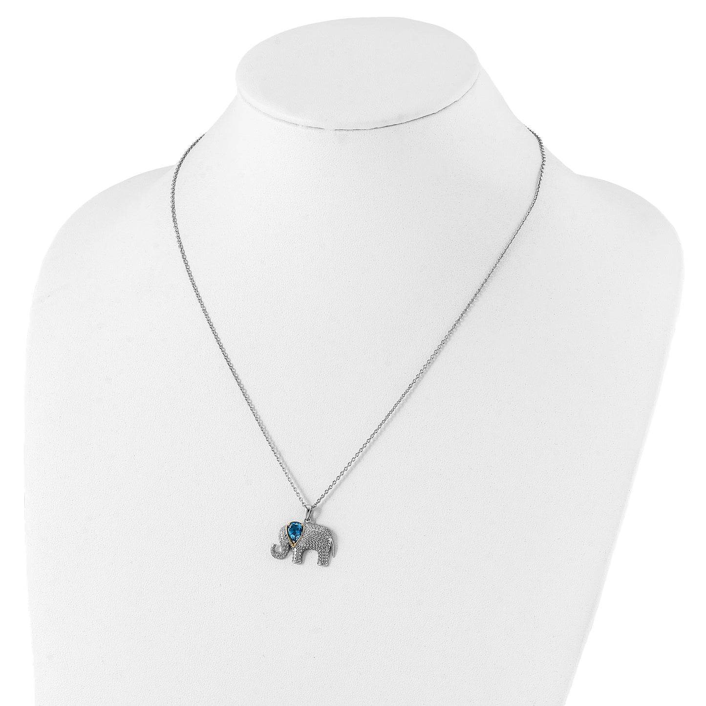 14K/Silver Two-Tone Brilliant Gemstones Sterling Silver With 14K Accent Rhodium-Plated Blue Topaz And Diamond Elephant 18 Inch Necklace 2 Extender