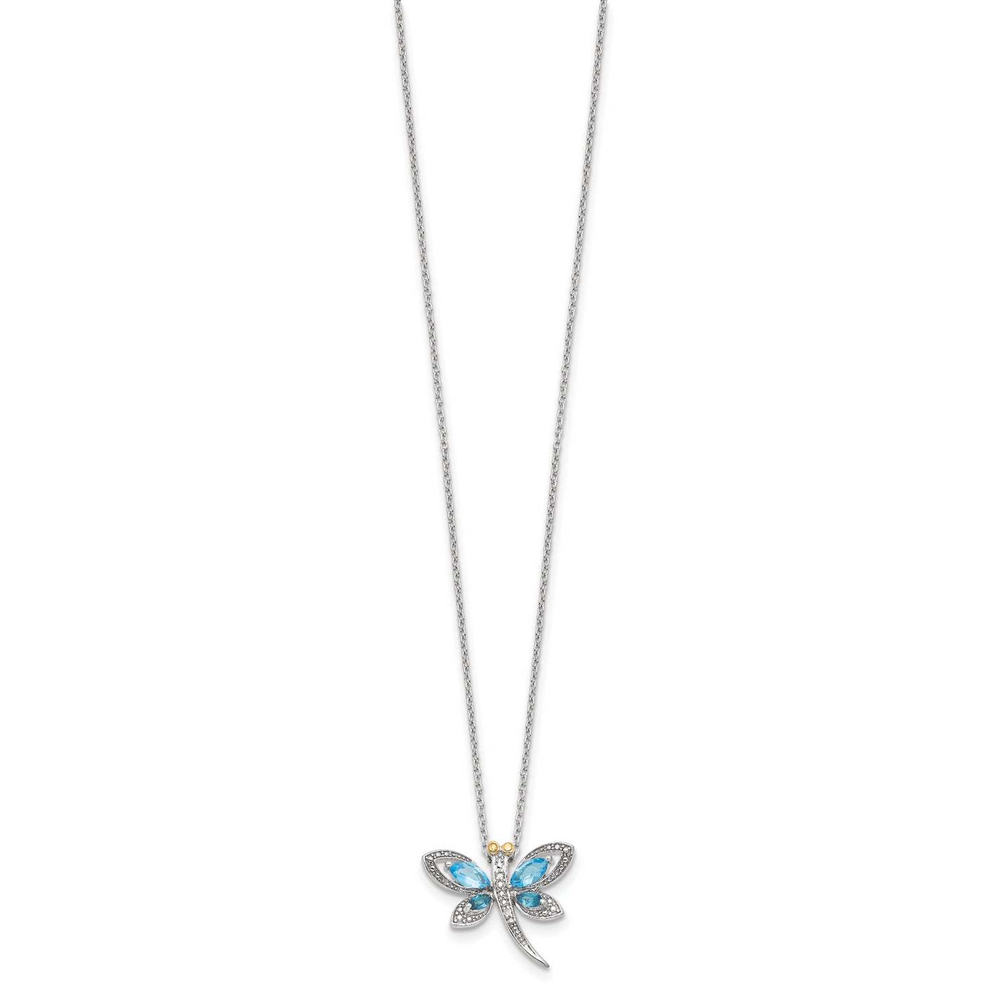 Sterling Silver Brilliant Gemstones With 14K Accent Rhodium-Plated Light Blue Topaz And London Diamond Dragonfly 18 Inch Necklace 2 Extender