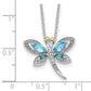 Sterling Silver Brilliant Gemstones With 14K Accent Rhodium-Plated Light Blue Topaz And London Diamond Dragonfly 18 Inch Necklace 2 Extender