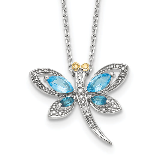 Sterling Silver Brilliant Gemstones With 14K Accent Rhodium-Plated Light Blue Topaz And London Diamond Dragonfly 18 Inch Necklace 2 Extender