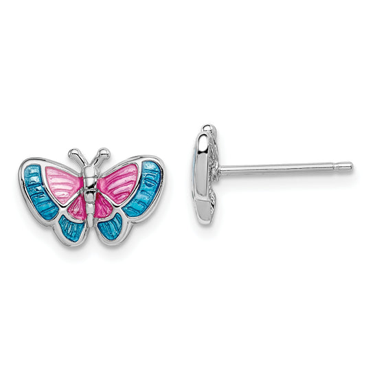 Sterling Silver Rhodium-Plated Madi K Polished Pink & Blue Enameled Butterfly Children'S Post Earrings